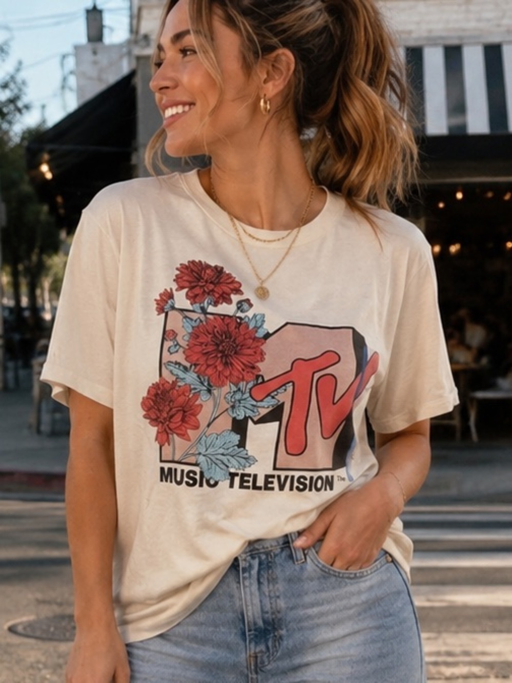 MTV Music Television Graphic Logo Retro Cream Floral T- Shirt Top Y2K S